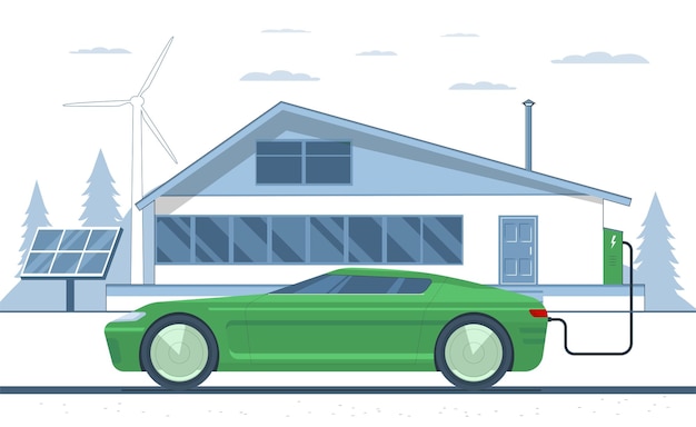 Современный энергетический автономный дом с векторной иллюстрацией электромобиля