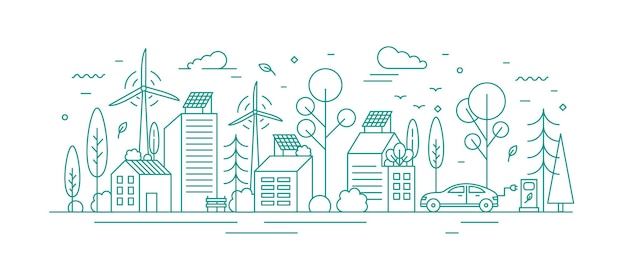 Modern environmentally friendly city with ecological infrastructure, electrical car charger, solar panel and windmill. Monochrome vector line art illustration of eco cityscape with alternative energy.