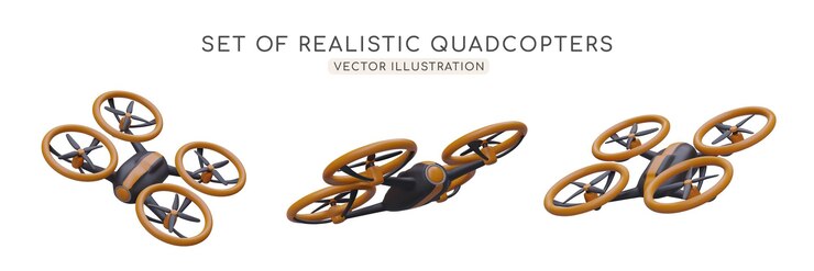 Vector modern equipment for aerial surveillance set of 3d quadcopters drones from different sides small vehicles for carrying cargo in air aerial reconnaissance observation from sky
