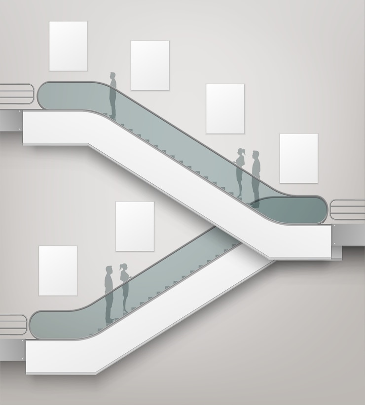 Vector modern escalator with place for advertising side view isolated on office mall shopping center business building interior background