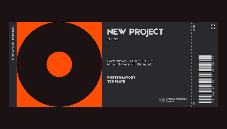 Vector modern exhibition ticket template layout made with abstract vector geometric shapes brutalism inspired graphics