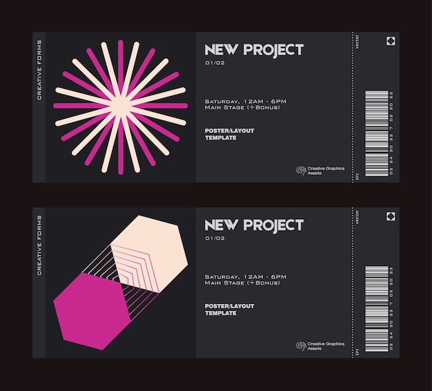 Modern exhibition ticket template layout made with abstract vector geometric shapes.