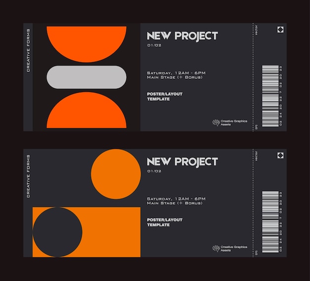 Modern exhibition ticket template layout made with abstract vector geometric shapes.