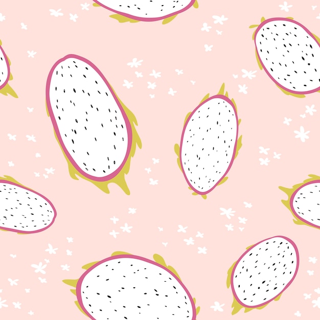 Modern exotic seamless pattern with dragon fruit slice, pitahaya, pitahaya. Colorful, minimalistic tropical background.