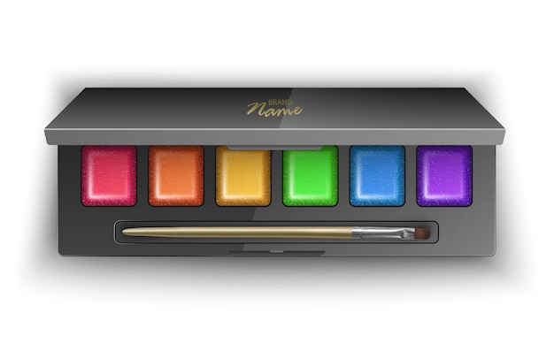 Современная палитра теней для век с яркими и красочными цветами. в 3d иллюстрации, вид сверху косметического продукта