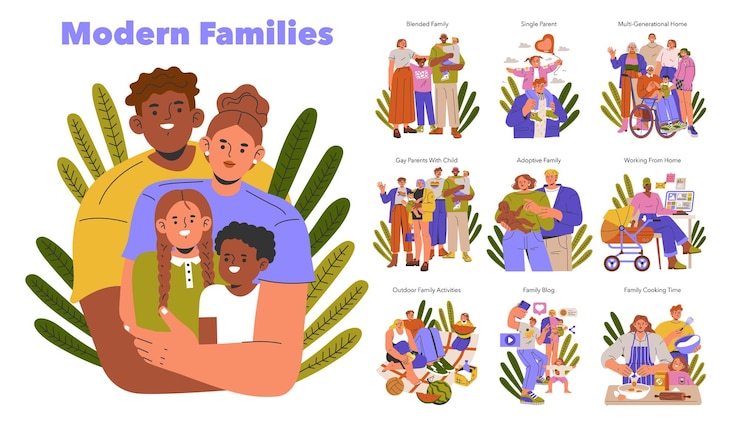Vector modern families set diverse family structures and home life scenarios blended single parent