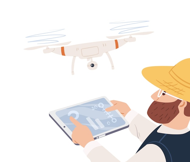 Vector modern farmer using drone for agriculture. smart farm concept. man analyzing, inspecting and controlling farming remotely with uav. colored flat vector illustration isolated on white background.