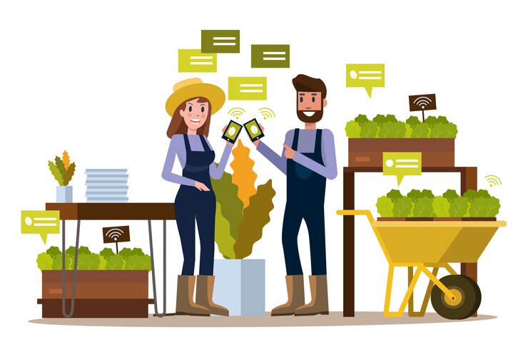Vector modern farmer using smartphone 