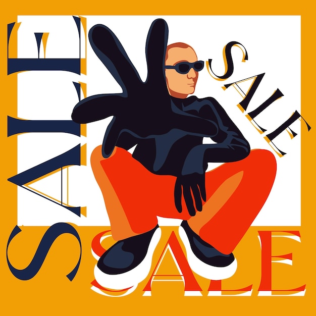 A modern fashionable guy in sneakers with a big hand discount black friday or seasonal sale