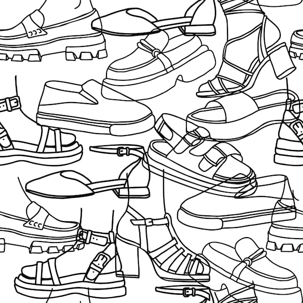 Modern feminine footwear line art seamless pattern Sketch background with shoes and sandals for spring and summer Hand drawn vector illustration