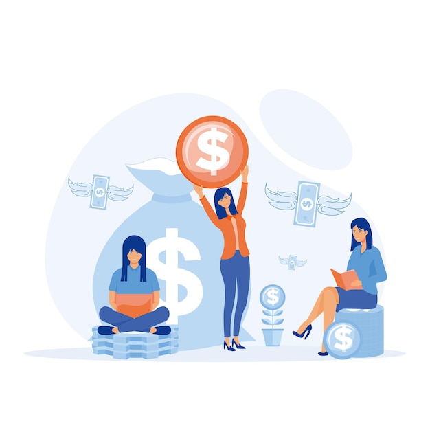 Vector modern financial education, female student with money around them, flat vector modern illustration