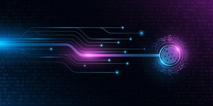 Vector modern fingerprint scan with glowing computer circuit board biometric data security dashboard display futuristic touch screen panel with sensor button vector illustration