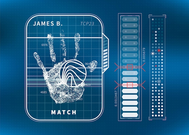 Vector modern fingerprint scan with human palm and charts, futuristic tech ui concept on blue