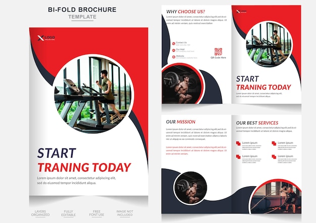 Vector modern fitness gym business bifold brochure template design and fashion corporate brochure template