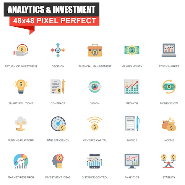 Set di icone moderne di analisi e di investimento piatte