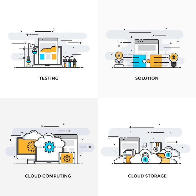 Moderna linea di colore piatto progettato icone di concetti per test, soluzioni, cloud computing e cloud storage.