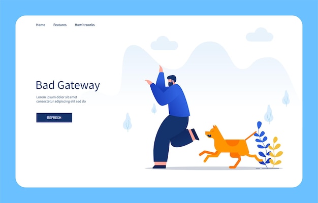 Concetto di design piatto moderno uomini inseguiti da cani bad gateway per il sito web e il sito mobile stati vuoti