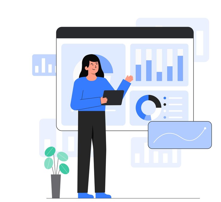 Vector modern flat design concept of online marketing a woman with a tablet in her hand