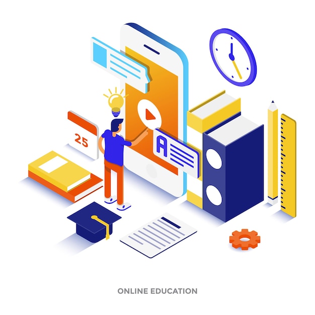 Vector modern flat design isometric illustration of online education. can be used for website and mobile website or landing page. easy to edit and customize. vector illustration