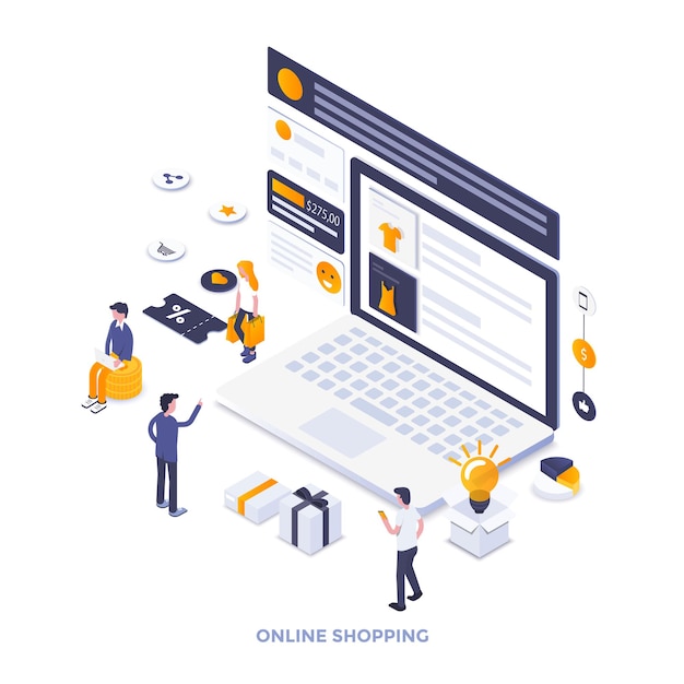 Illustrazione isometrica di design piatto moderno di shopping online. può essere utilizzato per il sito web e il sito web mobile o la pagina di destinazione. facile da modificare e personalizzare. illustrazione vettoriale