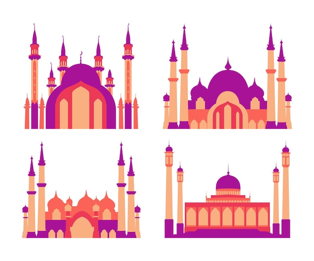 モダンなフラット エレガントなイスラム教のモスクの建物コレクション セット ベクトル イラスト ダイアグラム マップ インフォ グラフィック イラストおよびその他のグラフィック関連資産に適しています