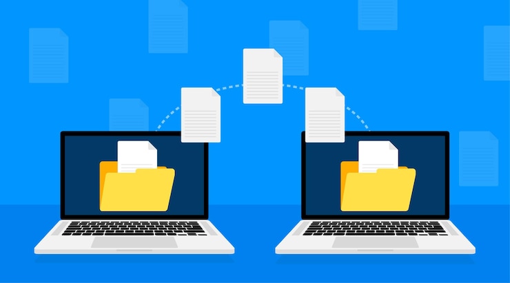 Vector modern flat icon with file transfer on white