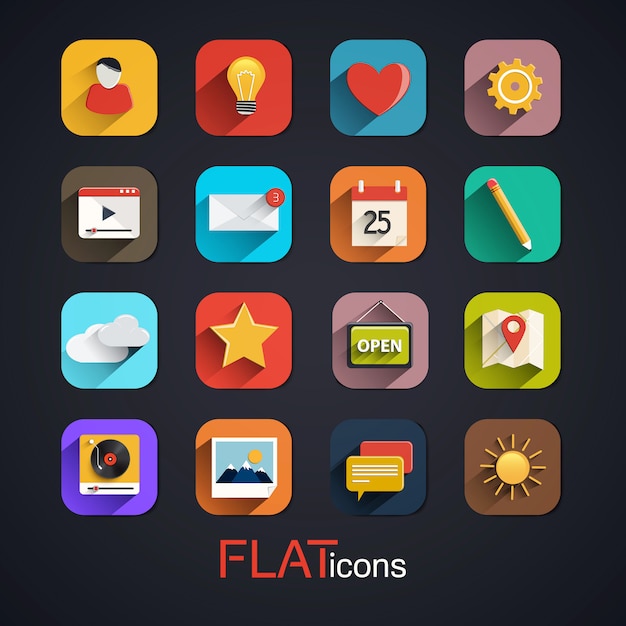 Modern flat icons collection with long shadow effect