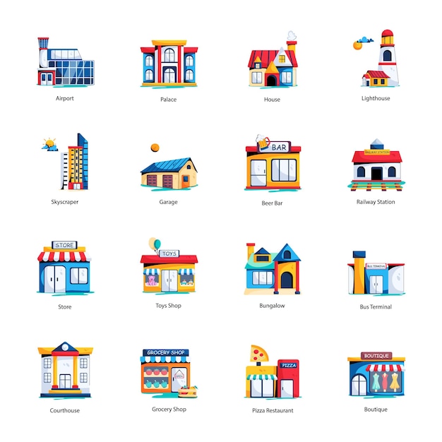 Modern Flat Icons Depicting City Buildings