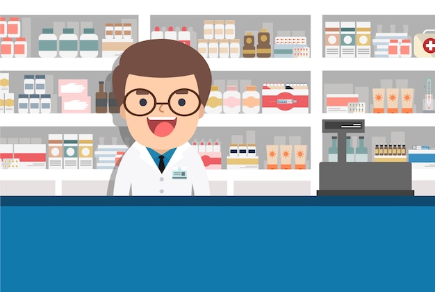 Vector modern flat illustration of a male pharmacist at the pharmacy opposite of shelves with medicines.