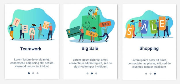 Modern flat illustrations in the form of a slider for web designThe theme is Teamwork and a big sale