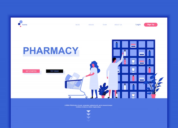 Modern flat landing page design template concept of pharmacy