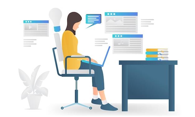 modern flat style illustration about website content creator working with his laptop