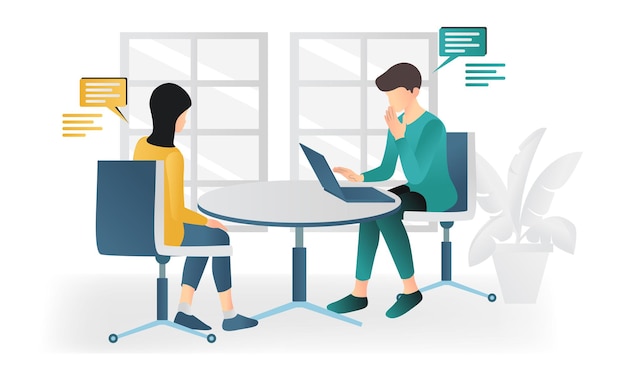 modern flat style illustration of a man and woman having a discussion in a room