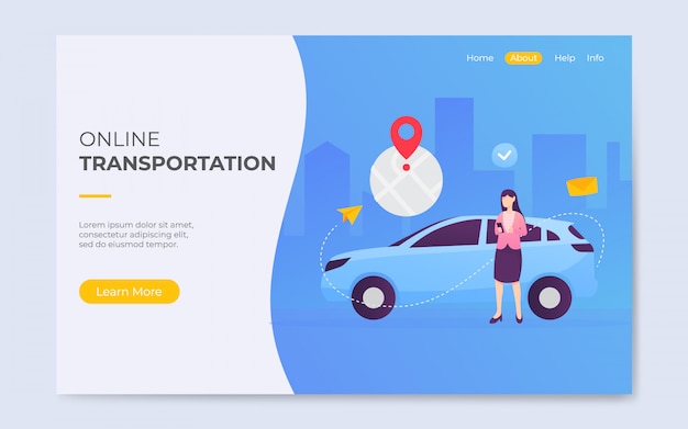 Modern flat style online taxi transportation landing page illustration