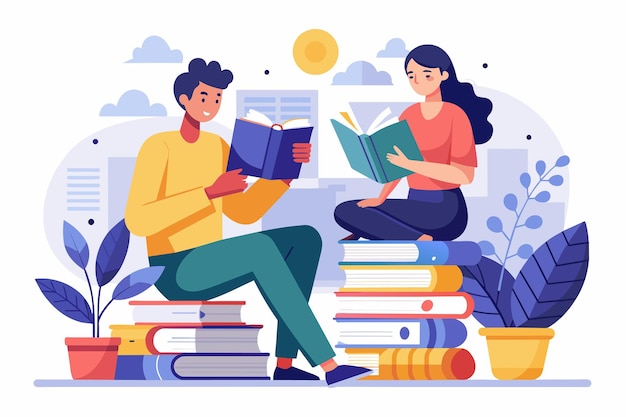 Modern flat vector illustration concept of man and woman reading books Education concept for banner