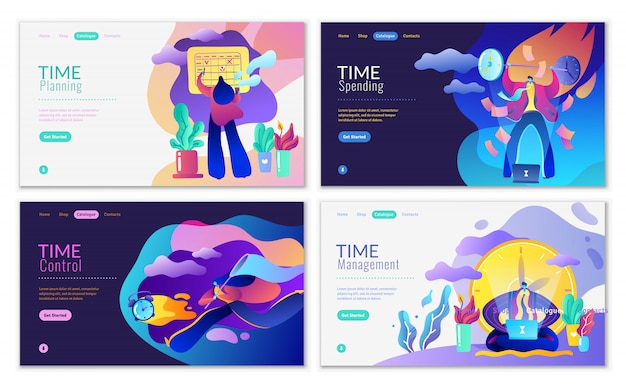 時間管理、財務管理、ビジネスのモダンなフラットウェブサイトセット。