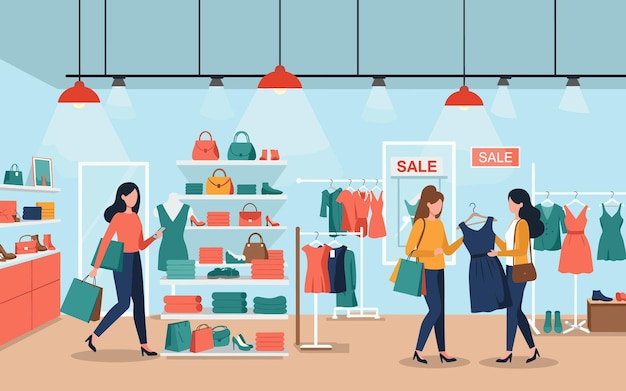 modern flatstyle illustration of a trendy clothing store with stylish female shoppers