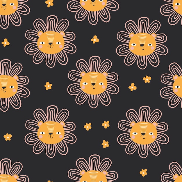현대 꽃 사자 완벽 한 패턴입니다. 귀여운 동물과 꽃이 만발한 트렌디한 배경