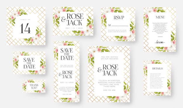 Vector modern floral wedding invitation card template set with watercolor flowers & leaves