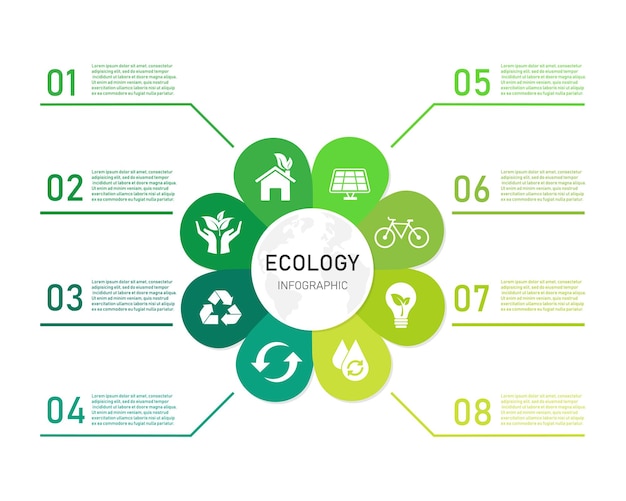 흰색 배경에 고립 된 8 요소 벡터 일러스트 레이 션 평면 디자인 현대 꽃 생태 Infographic 프레 젠 테이 션 슬라이드 템플릿은 워크플로 레이아웃 다이어그램 웹 디자인에 사용할 수 있습니다