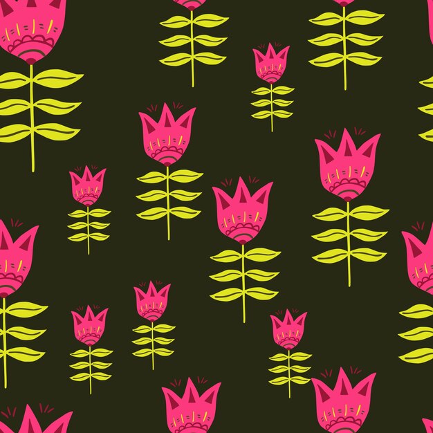 現代の民芸パターン。ピンクの花。北欧スタイル。花の自然の壁紙。生地のデザイン、テキスタイルプリント、ラッピング、カバーに。簡単なベクトルイラスト。