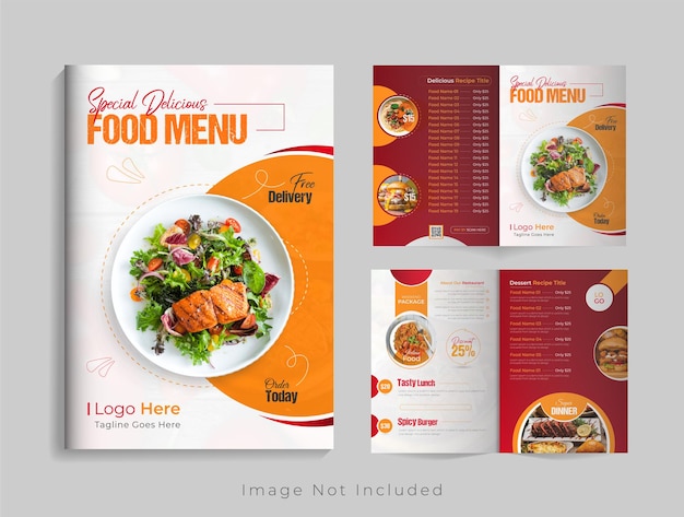 Vettore design della copertina dell'opuscolo bifold del menu di cibo moderno o modello promozionale del volantino del dessert del ristorante