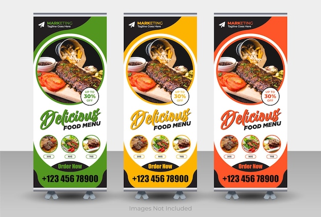 Vettore design moderno banner roll up per ristorante, cibo e ristorante roll up banner design template