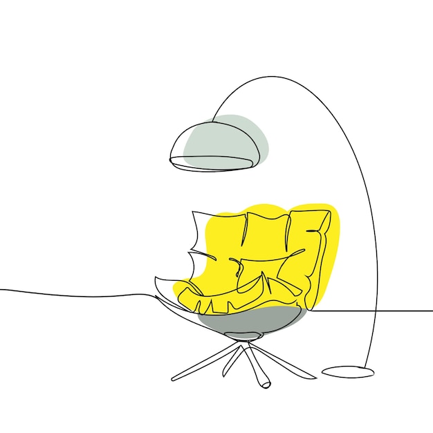 Современная мебель, одно кресло, стул и торшер, рисунок лайнера, непрерывный линейный векторный дизайн.