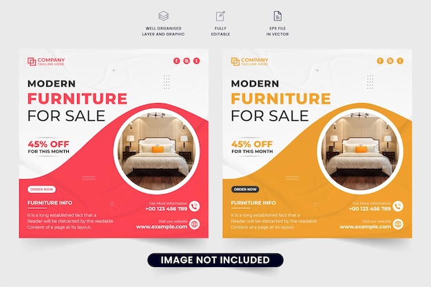 Modern furniture store promotion web banner vector with red and yellow colors Furniture sale social media post template for digital marketing Furniture discount advertisement poster design