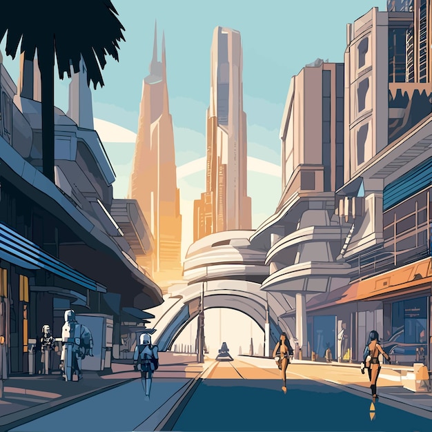 Modern future city center street view illustration