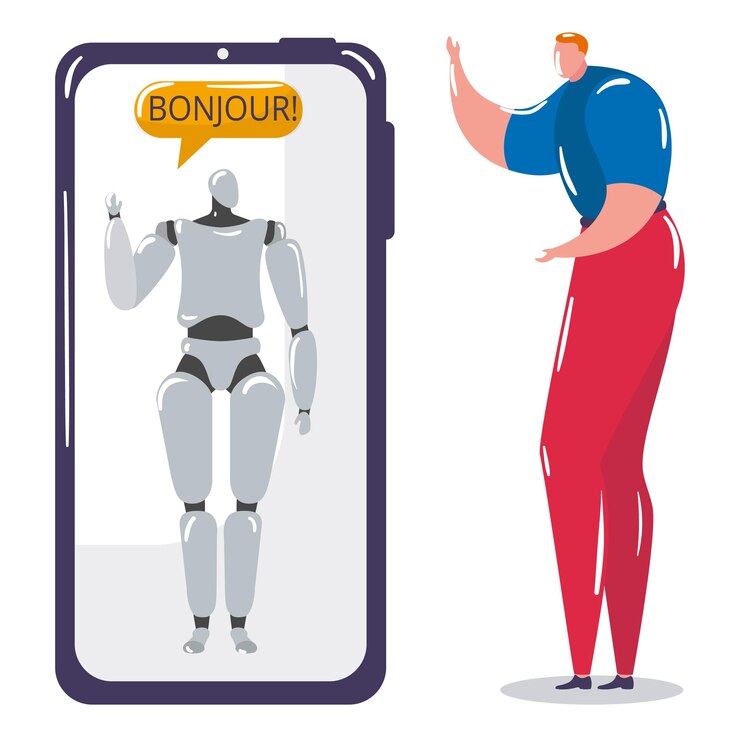 Vector modern future online mobile phone technology male character learning internet french language cartoo...