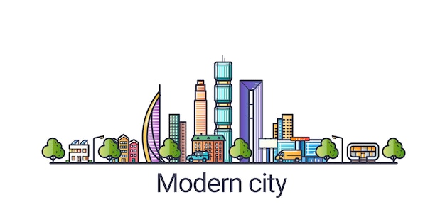 Vector modern futuristic eco city in flat line style. line art. all linear objects separated and customizable.