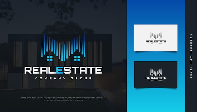 Modern and Futuristic Real Estate Logo Design in Blue Gradient with Line Style. Construction, Architecture or Building Logo Design