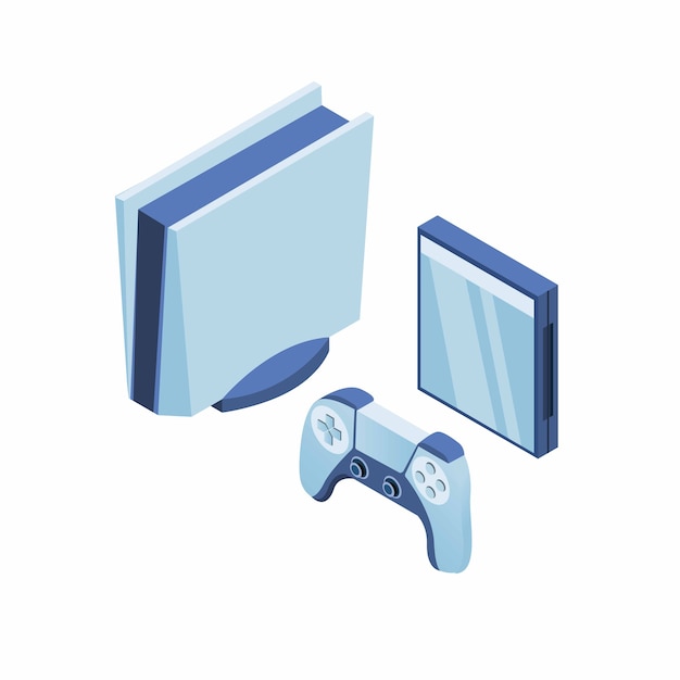 Modern game console set with joypad and cd case concept in isometric illustration 